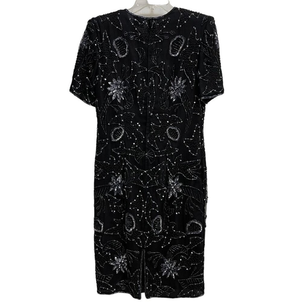 Robert Anthony Black Silver Sequined Beaded Short Sleeve Lined Silk Dress Size 8 - Picture 3 of 14